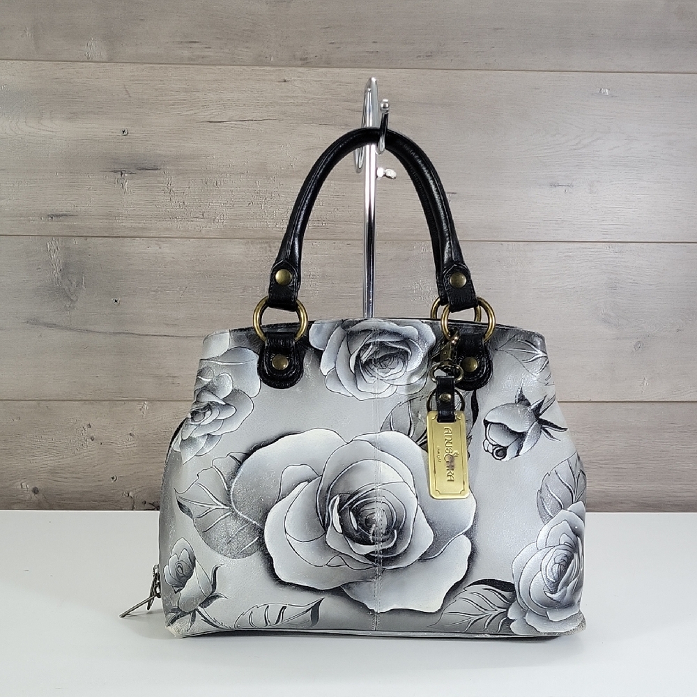 Anuschka Black and Gray Floral Leather Handbag